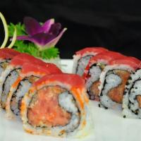 Krazy Exotic Roll · Spicy Tuna / Spicy Salmon / Tempura Flake / Tri-Color Tobiko / Tuna on Top .