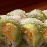 Coconut Shrimp Lobster Roll · Shrimp Tempura / Cucumber / Lobster Salad / Avocado on Top / Coconut Flakes & Cilantro Sauce.