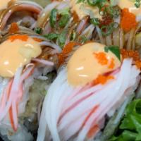 Angel Exotic Roll · Spicy White Tuna / Fried White Fish / Crab Meat on Top / Spicy Mayo / Eel Sauce / Scallion &...