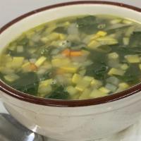Minestrone Soup · Vegan. Zucchini, squash, carrots, and spinach in vegetable broth.