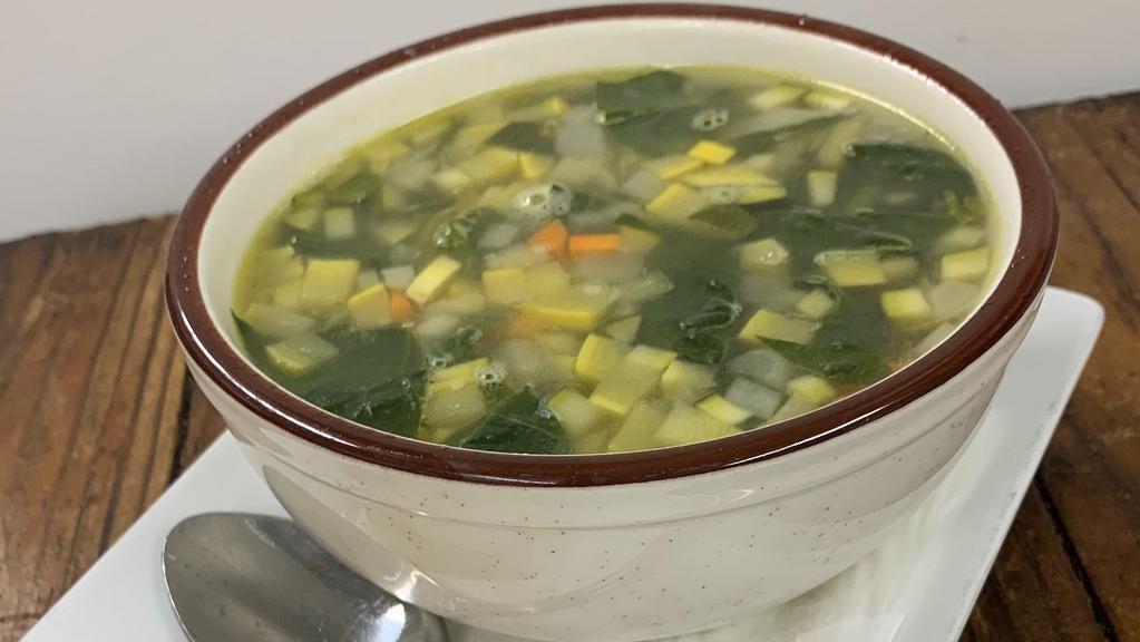 Minestrone Soup · Vegan. Zucchini, squash, carrots, and spinach in vegetable broth.