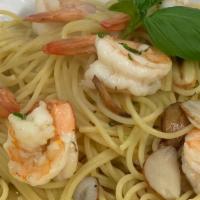 Spaghetti Shrimp Scampi · Shrimp sauteed in garlic, white wine, and olive oil.