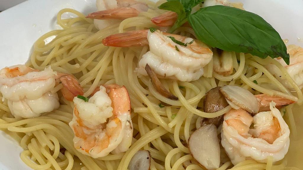 Spaghetti Shrimp Scampi · Shrimp sauteed in garlic, white wine, and olive oil.