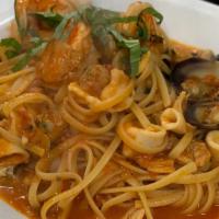 Linguini Pescatora Fra Diavolo · Spicy. Shrimp, mussels, clams, and calamari in a spicy tomato sauce.