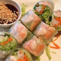 Fresh Rolls · Steamed rice paper wrapped with shrimp, rice noodles, and mixed vegetables, served with hous...