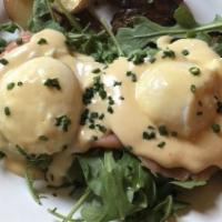 Eggs Royale · Smoked salmon, soft poached eggs, on an English muffin and topped with a creamy hollandaise ...