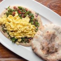 Quinoa, Tabbouleh & Eggs · Scrambled eggs with homemade hummus served with fresh homemade pita bread made to order