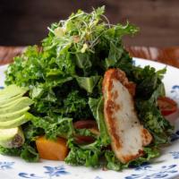 Kale Salad · Fresh kale leaves, avocado, grapes, butternut squash, pumpkin seeds, cherry tomatoes and top...