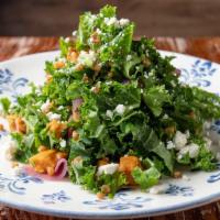 Organic Farro & Roasted Sweet Potato Salad · Fresh kale leaves, cashews, fresh mint, and home-made pickled onions topped with feta cheese...
