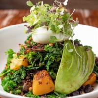 Bowl From Heaven · Red quinoa and farro, avocado, butternut squash, wilted kale, soft eggs, black beans, and sa...