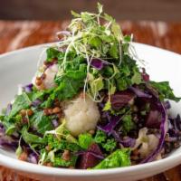 Farro & Lentil Bowl · Shredded red cabbage, roasted beets, kale, and roasted cauliflower with sunflower seeds and ...