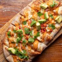 Chicken Flatbread · Chicken, avocado, sliced red peppers and cilantro, topped with mozzarella cheese and house c...