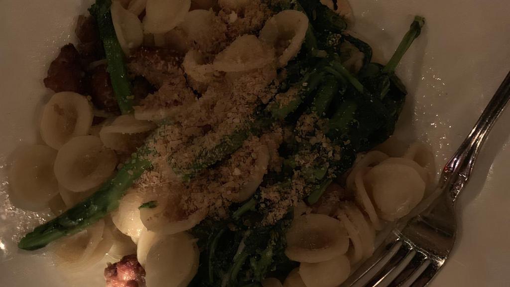 Little Ears Of Apulia · orecchiette pasta with Italian sweet sausage, broccoli rabe, toasted bread crumbs, fennel pollen.