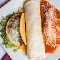 Combo Mexicano · Enchilada, burrito and hard taco, choice of filling. Served with choice of rice and beans, s...