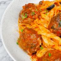 Linguine Meatballs · Linguine with marinara meatballs, sautéed mushrooms, topped with tomato sauce and parmesan c...