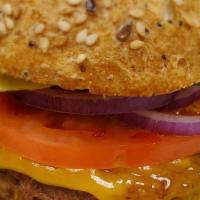 Big Veg Burger · Beyond burger veggie patty, lettuce, tomato, and onion on a seeded vegan Balthazar bun