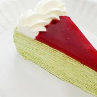 Raspberry Matcha  Mille Crepe Cake · Hand-made thin layer matcha crêpe; topper with raspberry puree filled with matcha cream.