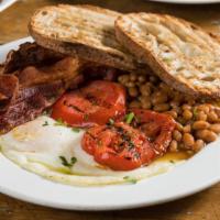Boston Breakfast · 2 eggs, bacon, baked beans, grilled tomato & side of toasted sourdough