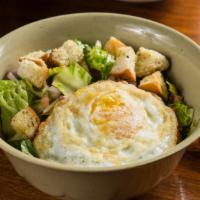 Forgtmenot Salad · Romaine, avocado, radish, cucumber, red onion, fried egg, baguette croutons