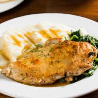 Seared Chicken · Mashed potato, sautéed spinach & white wine butter