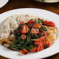 Spicy Fish Sautee · Seared tilapia with pan roasted tomato, black olive & red pepper