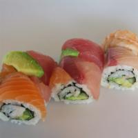 Rainbow · Ahi (tuna), salmon, hamachi (yellowtail), avocado, shrimp, shrimp California roll (shrimp, a...