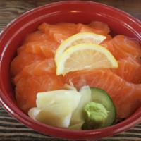 Salmon Sashimi Bowl · Salmon sashimi, lemon, ginger, wasabi.