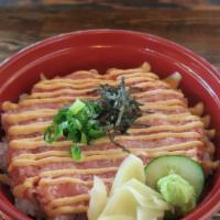 Spicy Ahi Bowl · Spicy ahi (ground tuna mixed with spicy mayonnaise), spicy mayonnaise, ginger, wasabi, nori ...