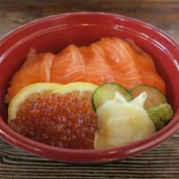 Salmon Ikura Bowl · Salmon sashimi, ikura, lemon, cucumber, ginger, wasabi.