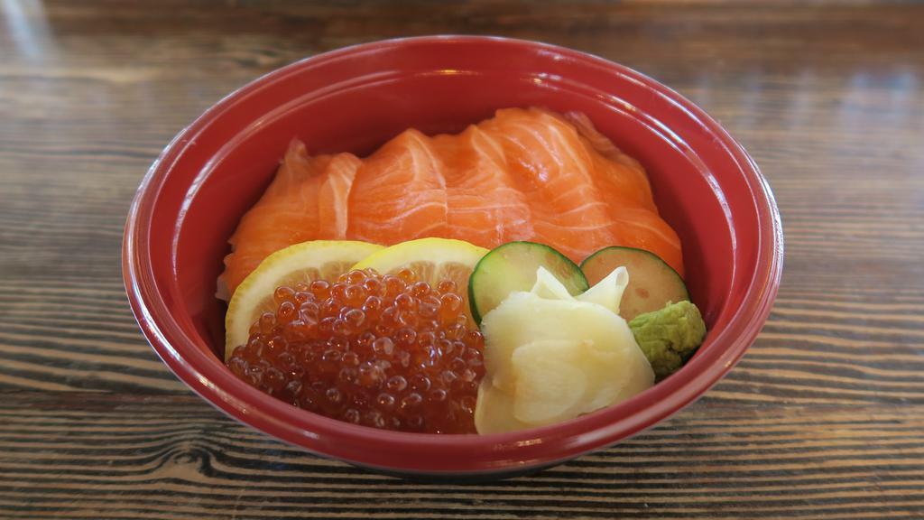 Salmon Ikura Bowl · Salmon sashimi, ikura, lemon, cucumber, ginger, wasabi.