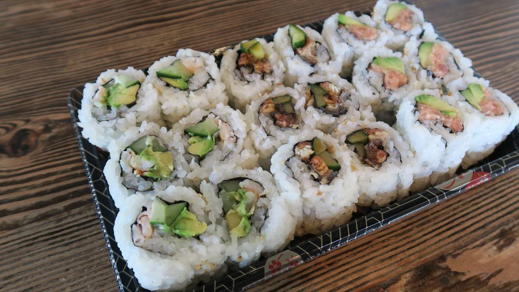 Roll Combo · Spicy ahi avocado roll, eel cucumber roll, shrimp California roll (avocado, cucumber, shrimp, mayonnaise), nori (seaweed), sesame seeds and miso soup.