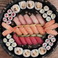 Hawaii Sushi Plate · 5 pc ahi nigiri, 5 pc hamachi nigiri, 5 pc salmon nigiri, 5 pc shrimp nigiri,12 pc tekka hos...
