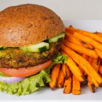 Veggie Burger (Combo) · Made with carrots, corn, peppers, green beans, peas, and onions.