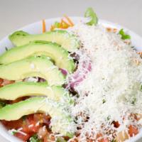Goat Cheese & Avocado Salad · Goat cheese and avocado, romaine lettuce, shredded carrots, red onions, tomatoes, cucumbers,...