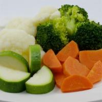 Steamed Mixed Veggies · Carrots, broccoli, cauliflower, and zucchini.