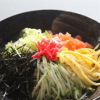 Veggie Hiyashi Chuka · Cold noodles topped with special soy sauce and vegetables. Topped with egg, cucumber, romain...