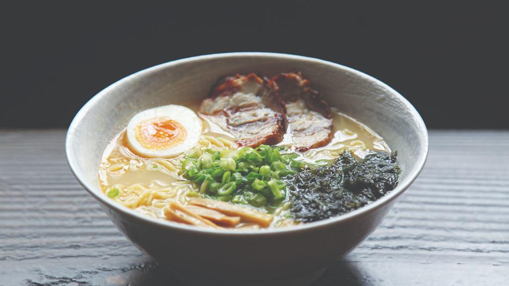 Tamashii Ramen · Shio ramen (light and clean noodle soup flavored with mineral salt). Topped with chasyu(pork), menma, egg, scallion, and seaweed.