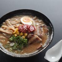 Kara Miso Ramen · Spicy noodle soup with miso broth. Topped with chasyu(pork), menma, egg, scallion, bean spro...