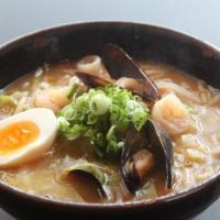 Champon · Spicy seafood noodle soup made with special Tamashii sauce. Topped with shrimp, squid, musse...