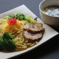 Shoyu Tsukemen · Served with chasyu (pork), scallion, onion, seaweed, menma, egg. Soy sauce flavored dipping ...