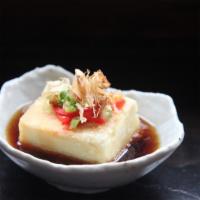 Agedashi Tofu · Fried tofu with special sauce. Topped with dried shaved bonito, scallion and ginger.