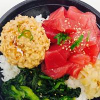 Ahi & Natto Bowl · Ahi and natto combo Bowl, choy sam, ginger and rice