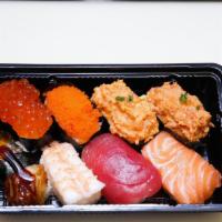 Bento 10 · Nigiri-Ikura , Ahi , Salmon , Unagi , Ebi , Masago , Spicy Ahi and Spicy Salmon