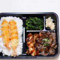 Bento 7 · Teriyaki chicken , Teriyaki Beef , Shrimp Tempura and Rice