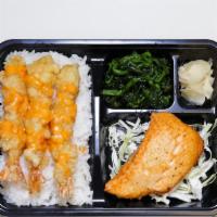 Bento8 · Seared Salmon , Shrimp Tempura and Rice