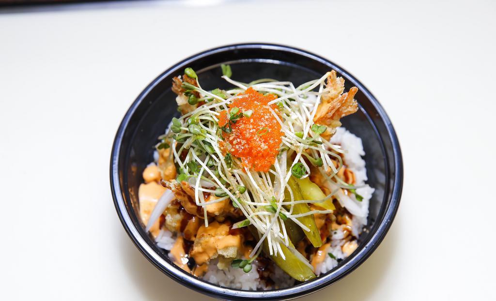 Thunder Bowl · Spicy Ahi ,Shrimp Tempura , Special Sauce , Pickles, Jalapeño, Onion, Sprout, Masago ,Sesame seed, Sesame Oil , Green Onion and Rice