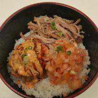 Local Bowl · Ahi Poke or Spicy Ahi , kalua pork , Salmon Lomi and Rice