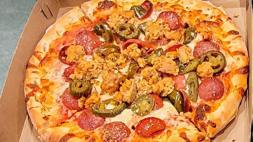Hellfired · Red sauce, spicy chicken sausage, pickled jalapeños, crushed red pepper, pepperoni