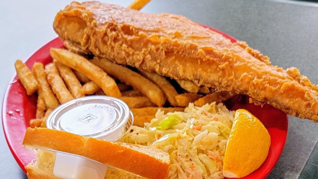 Our Famous Fish Fry · Beer battered haddock, deep-fried to a golden brown and served with cole slaw, french fries, a roll & butter, lemon, and tartar sauce