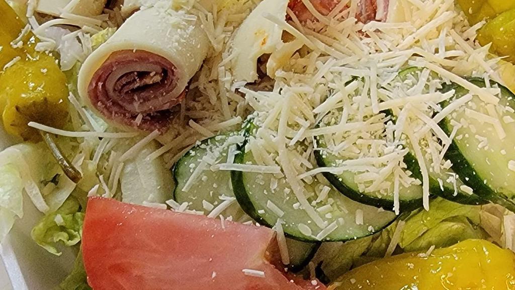 Antipasto Salad · provolone, capicola, genoa salami, red onion, tomato, cucumbers, pepperoncini, asiago cheese and Italian dressing